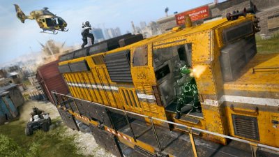Call of Duty: Warzone screenshot showing a skirmish between operators riding a freight train while a helicopter hovers above
