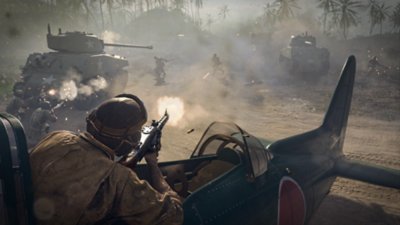 Screenshot van Call of Duty Vanguard met daarop een soldaat die schiet vanuit een vliegtuig