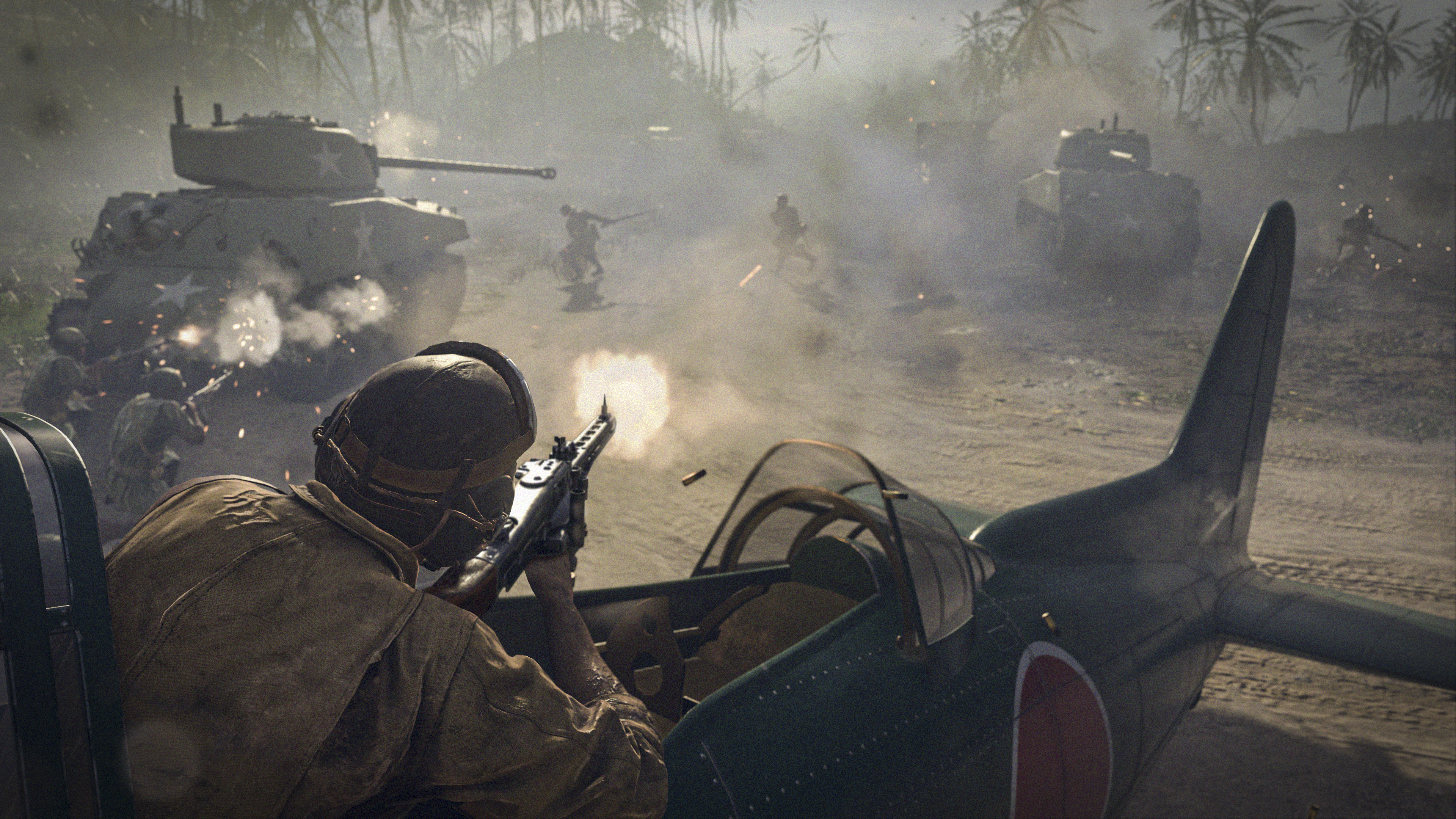 Posnetek zaslona iz igre Call of Duty Vanguard, v katerem pilot strelja z orožjem iz letala