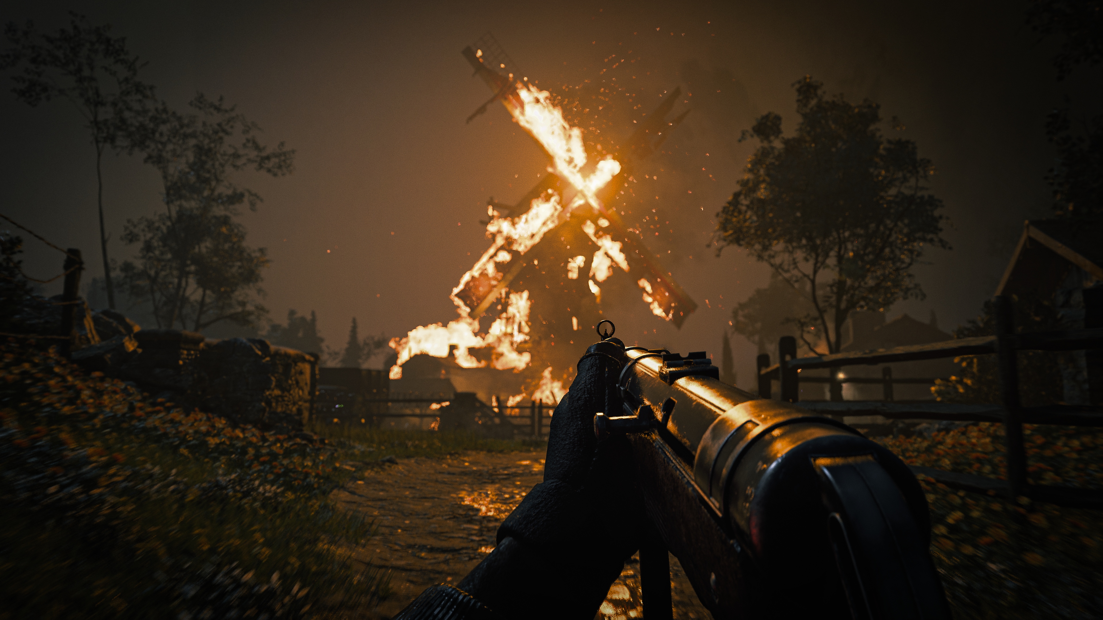 Call of Duty Vanguard screenshot showing a burning windmill
