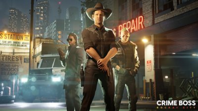 Captura de ecrã do Crime Boss Rockay City com as personagens de Michael Madsen, Michael Rooker e Damion Poitier.