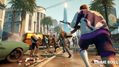 Crime Boss: Rockay City-screenshot van vier spelers die op klaarlichte dag richting een ontsnappingsbusje sprinten.