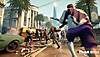 Captura de tela de Crime Boss: Rockay City mostrando quatro jogadores correndo para uma van de fuga em plena luz do dia.