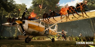 Crime Boss Rockay City screenshots showing  criminals attempting to flee a tropical jungle using a biplane