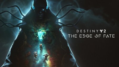 Key art for Destiny 2: The Edge of Fate featuring a cloaked shadowed character surrounded by a glowing blue light. 