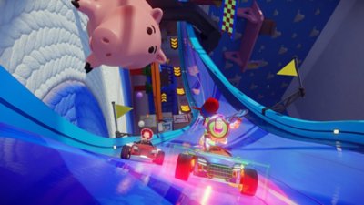 Disney Speedstorm game screenshot featuring Toy Story characters, with two characters racing.