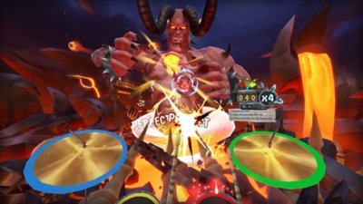 Drums Rock screenshot showing a drum set interface and a demonic figure ahead