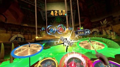 Drums Rock screenshot showing a toxic swampy scene with sand falling from the ceiling