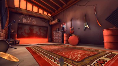 drums rock screenshot showing a garage with guitars on the walls.