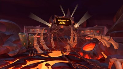 Drums Rock – Screenshot, der einen mit Lava gefüllten Hintergrund mit Knochen und einem Schild, auf dem "Willkommen in der Hölle" steht, zeigt.