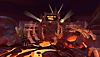 Captura de tela de Drums Rock mostrando um plano de fundo cheio de lava, com ossos e uma placa que dá as boas-vindas ao inferno