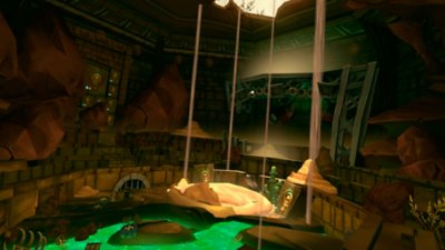 Drums Rock screenshot showing a toxic swampy scene with sand falling from the ceiling