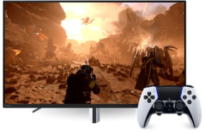 Helldivers 2 auf InZone-Monitor mit Bild des DualSense Edge Wireless-Controllers