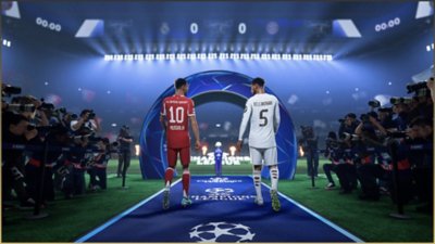 صورة من EA SPORTS FC 26 تُظهر Bellingham و Musiala وهما يدخلان أرض الملعب