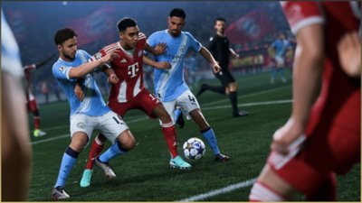 لقطة شاشة من EA SPORTS FC 26 تُظهر لاعبين يتنافسون على الكرة