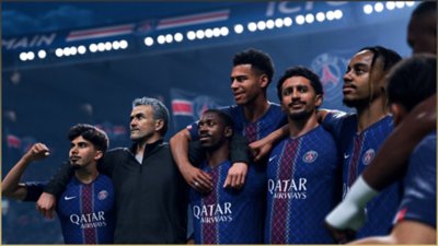 EA SPORTS FC 26 image showing PSG players with their manager