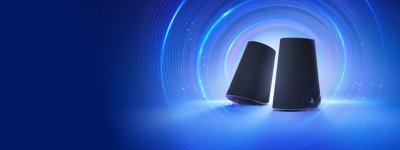 a pair of PULSE elevate speakers on a dark blue background