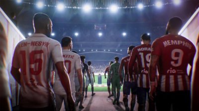 EA Sports FC 24 screenshot showing players walking out of a tunnel onto a football pitch
