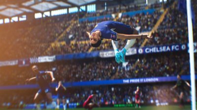 Captura de pantalla de EA Sports FC 24 que muestra a un jugador saltando en el aire