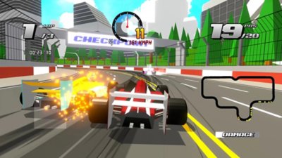 Snímek obrazovky ze hry Formula Retro Racing World Tour, na kterém formule 1 vráží do druhé formule