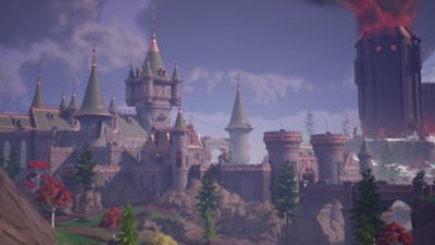 Captura de pantalla del capítulo 5 de la temporada 4 de Fortnite que muestra una base que parece un castillo con techos verdes y torretas doradas