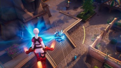 Captura de pantalla del capítulo 5 de la temporada 4 de Fortnite que muestra a Gwenpool levitando con los guanteletes y las botas de Iron Man