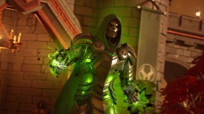 Captura de pantalla del capítulo 5 de la temporada 4 de Fortnite que muestra a Doctor Doom, de Marvel, conjurando un aura verde alrededor de las manos