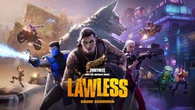 Fortnite – Screenshot, der die neuesten Saison-Inhalte und drei Charaktere zeigt, die vor einem Charakter stehen, der einem Wolf ähnelt