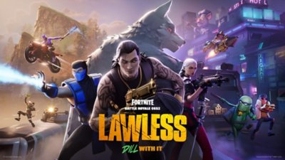 Fortnite screenshot showing latest season content with three characters standing in front of a a character resembling a wolf in the background