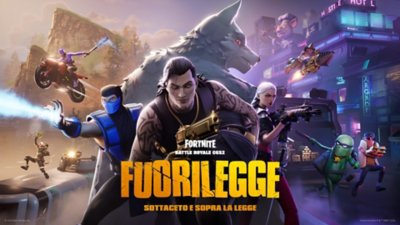 Fortnite - Screenshot che mostra i contenuti dell'ultima stagione con tre personaggi di fronte a un quarto che assomiglia a un lupo sullo sfondo