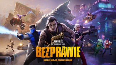 Fortnite – zrzut ekranu przedstawiający zawartość z najnowszego sezonu z trzema postaciami stojącymi przed postacią przypominającą wilka, czającą się w tle
