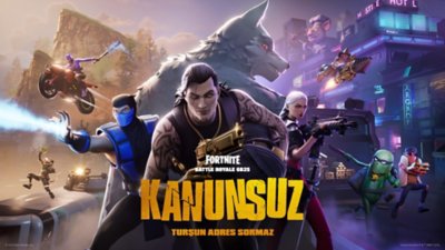 Arka planda kurda benzeyen bir karakterin önünde stantta duran üç karakterle son sezon içeriğini gösteren Fortnite ekran görüntüsü