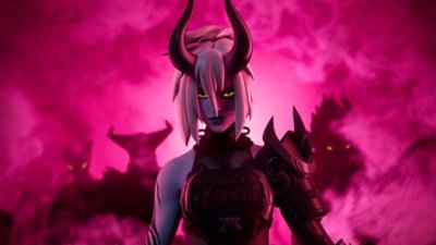 Fortnite Chapter 6 Season 1 screenshot showing a character with horns in front of a pink smokey background
