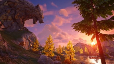 Fortnite Chapter 6 Season 2 screenshot showing a peaceful river scene, with a rock shaped like a wolf's head in the foreground