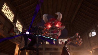 Fortnite Chapter 6 Season 1 screenshot showing a character leaping towards a giant head, ready to unsheath a sword