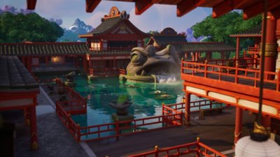 Fortnite Chapter 6 Season 1 screenshot showing a peaceful courtyard pond with a giant toad fountain in the middle of it