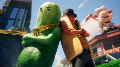 Fortnite Chapter 6 Season 2 screenshot showing two characters, one dressed a dill pickle, the other as a hot dog