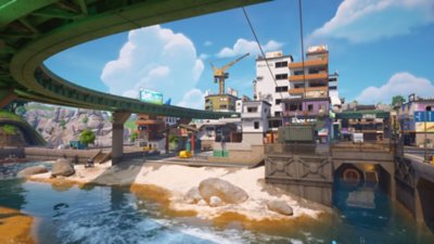 Fortnite Chapter 6 Season 1 screenshot showing an industrial area by a body of water