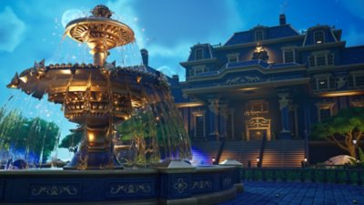 Fortnite Chapter 6 Season 2 screenshot showing a fountain in front of a mansion-style building