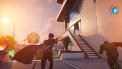 Captura de ecrã do Fortnite Chapter 6 Season 3 com jogadores a correr em direção a um edifício futurista.