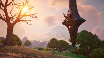 Captura de ecrã do Fortnite Chapter 6 Season 3 com uma estrutura diagonal no ar sobre uma colina verde