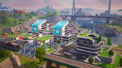 Captura de ecrã do Fortnite Chapter 6 Season 3 com uma vista aérea de um complexo futurista