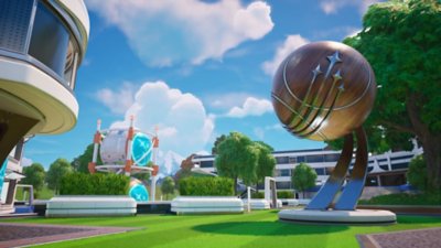 Captura de ecrã do Fortnite Chapter 6 Season 3 com uma nova área com relva e um edifício futurista.