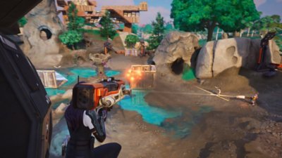 Fortnite Chapter 6 Season 4 screenshot showing a character firing a weapon at a wooden building from a helicopter