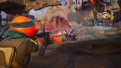 Fortnite Chapter 6 Season 4 screenshot showing a character firing a laser weapon at an insect-like enemy