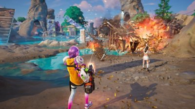 Fortnite Chapter 6 Season 4 screenshot showing a character using a minigun to destroy a wooden structure