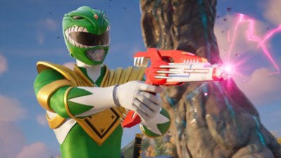 Fortnite Chapter 6 Season 4 screenshot showing the Green Power Ranger aiming a laser gun