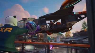 Fortnite Chapter 6 Season 4 screenshot showing a panda character aiming a weapon at another character in a helicopter