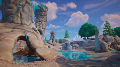 Fortnite Chapter 6 Season 4 screenshot showing a rocky area with light blue liquid forming a small lake