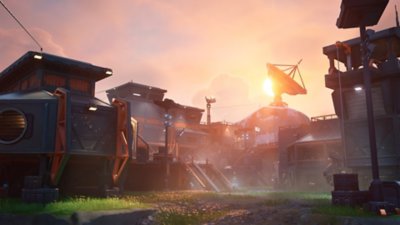 Fortnite Chapter 6 Season 4 screenshot showing a scientific base with a satellite dish at sunset